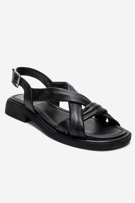 FRAND - Sandalia de tiras cruzadas de cuero genuino negro (Mujer)