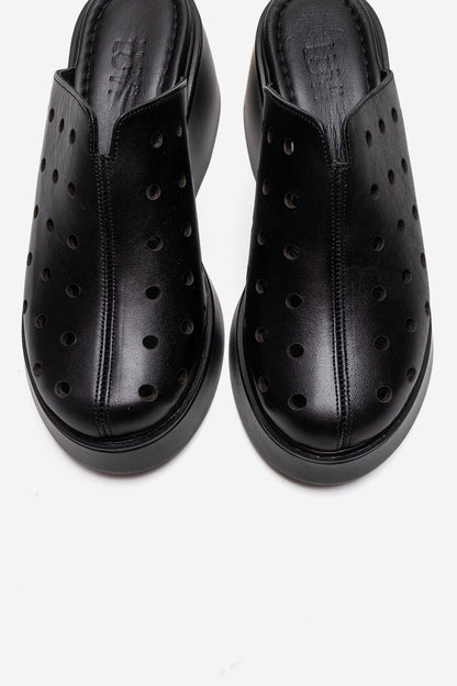 NIVES - Black Genuine Leather Platform Mule (Women)