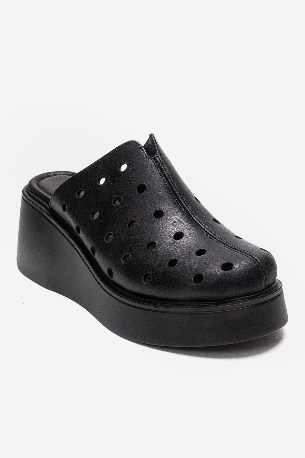 NIVES - Black Genuine Leather Platform Mule (Women)