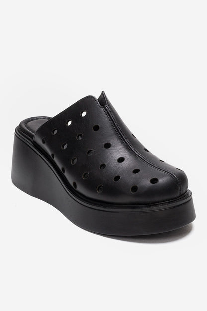 NIVES - Black Genuine Leather Platform Mule (Women)