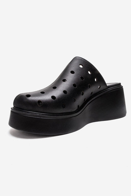 NIVES - Black Genuine Leather Platform Mule (Women)