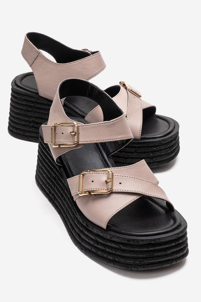 MIRETTE - Sandalia de plataforma de cuero genuino color blanco roto (Mujer)