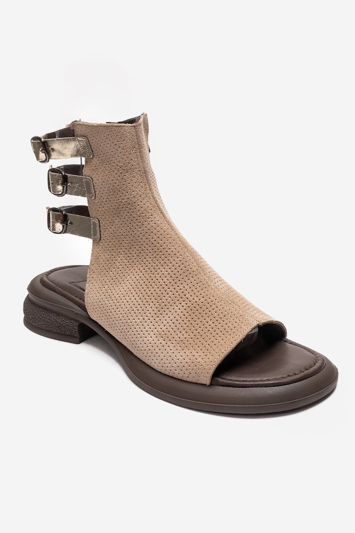 CARINA - Sandalia de mujer con cremallera lateral de ante genuino color beige