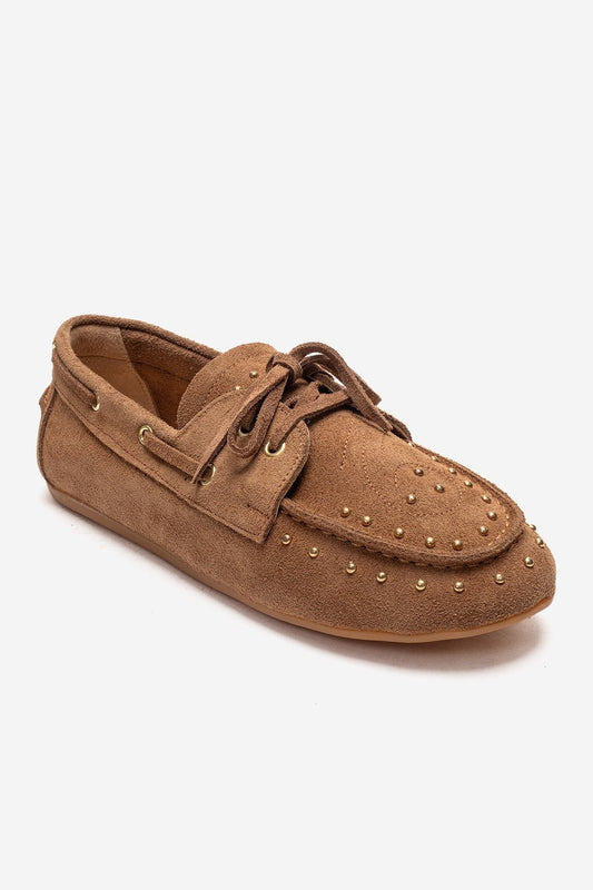 CUESTA - Mocasín de cuero genuino color topo (mujer)