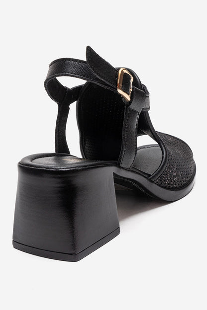 JANELLE - Sandalia de tacón de bloque de cuero genuino negro (Mujer)