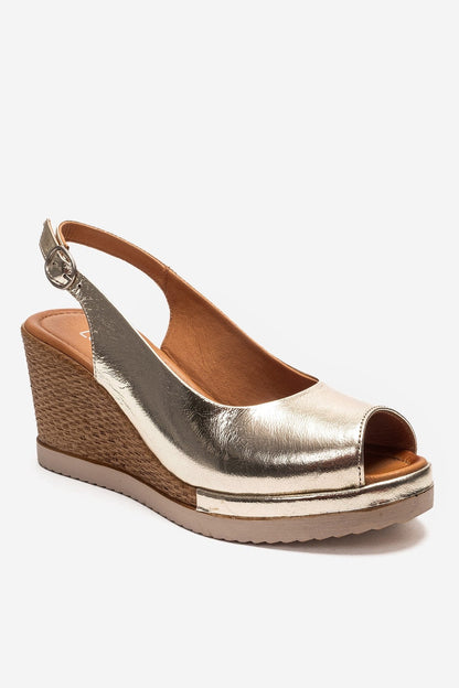 HELINA - Sandalia de cuña de cuero genuino dorado (Mujer)