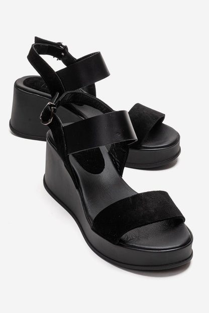 LOLANTHE - Sandalia de cuña de cuero genuino negro (Mujer)