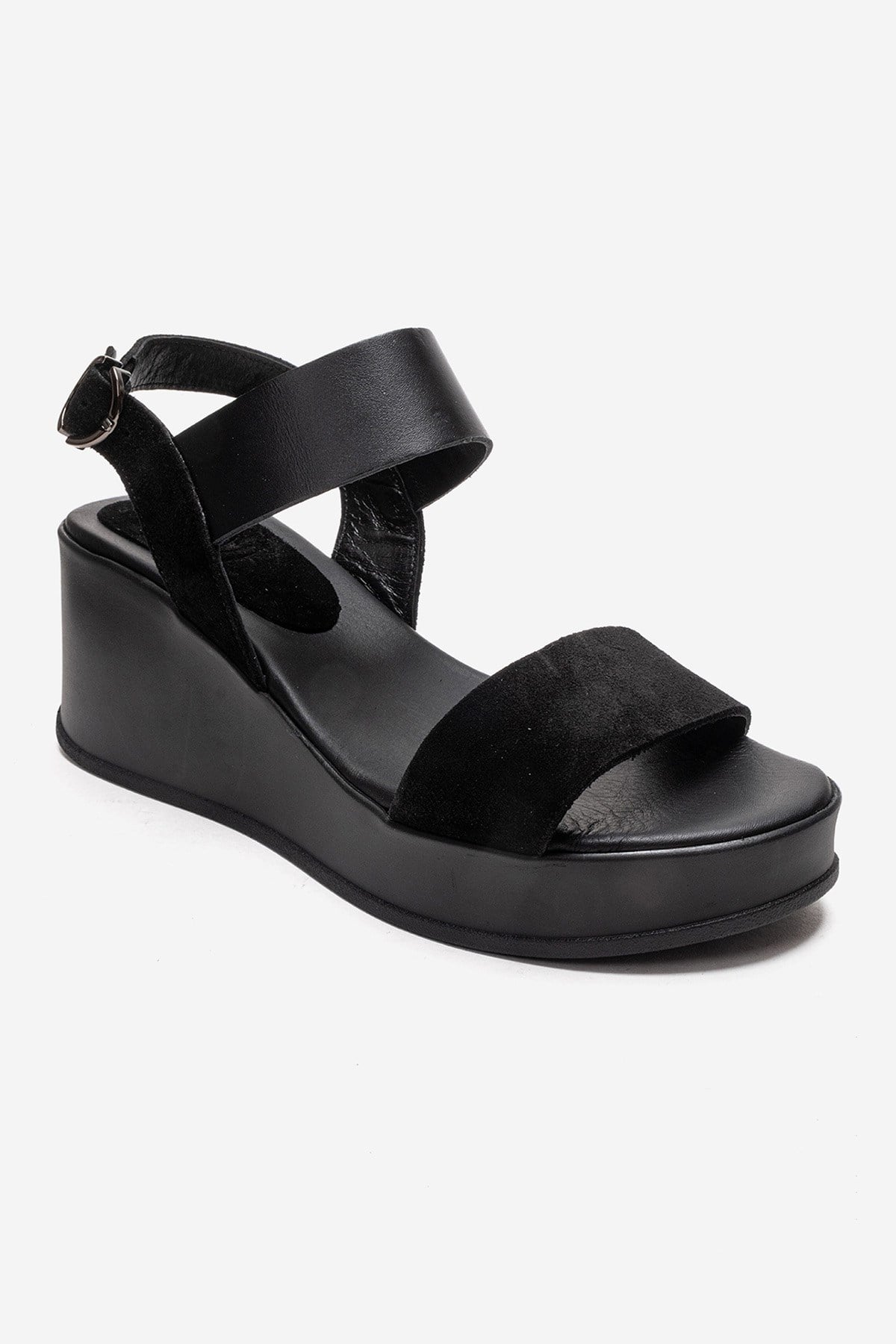 LOLANTHE - Sandalia de cuña de cuero genuino negro (Mujer)
