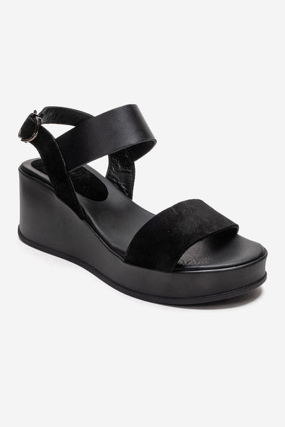 LOLANTHE - Sandalia de cuña de cuero genuino negro (Mujer)