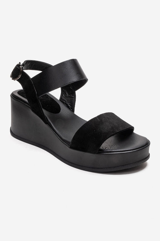 LOLANTHE - Sandalia de cuña de cuero genuino negro (Mujer)