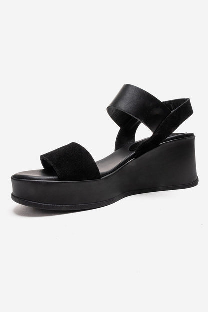 LOLANTHE - Sandalia de cuña de cuero genuino negro (Mujer)