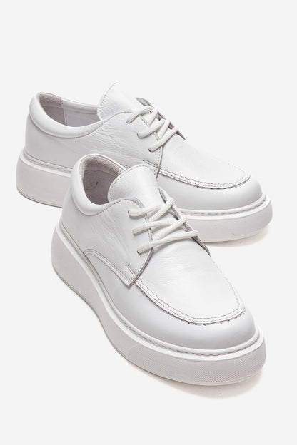MAREON - Zapatilla de Cuero Genuino Blanco con Cordones (Mujer)