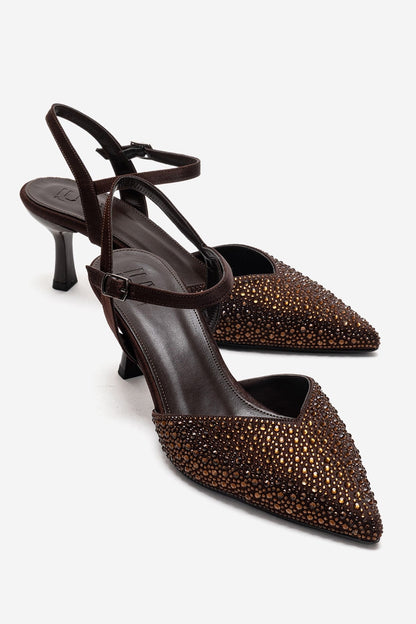 VILKA - Brown Satin Embellished Pointed Toe Stiletto Pump (Women)