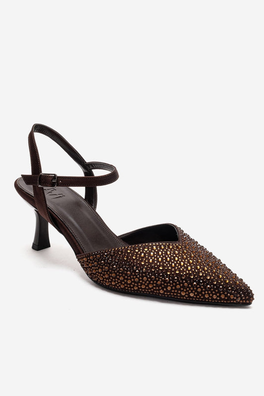 VILKA - Brown Satin Embellished Pointed Toe Stiletto Pump (Women)