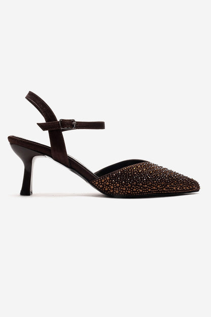 VILKA - Brown Satin Embellished Pointed Toe Stiletto Pump (Women)