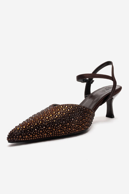 VILKA - Brown Satin Embellished Pointed Toe Stiletto Pump (Women)