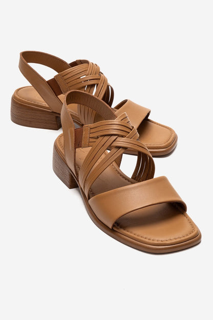 LIVELLO - Cognac Genuine Leather Block Heel Multi-Strap Sandal (Women)