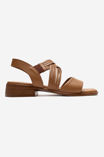 LIVELLO - Cognac Genuine Leather Block Heel Multi-Strap Sandal (Women)