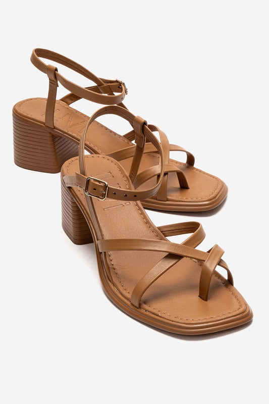 LAVISH - Sandalia de tacón de bloque de cuero genuino color coñac (Mujer)