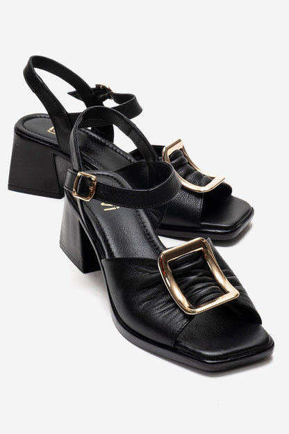 ASHA - Sandalia de tacón de bloque de cuero genuino negro (Mujer)