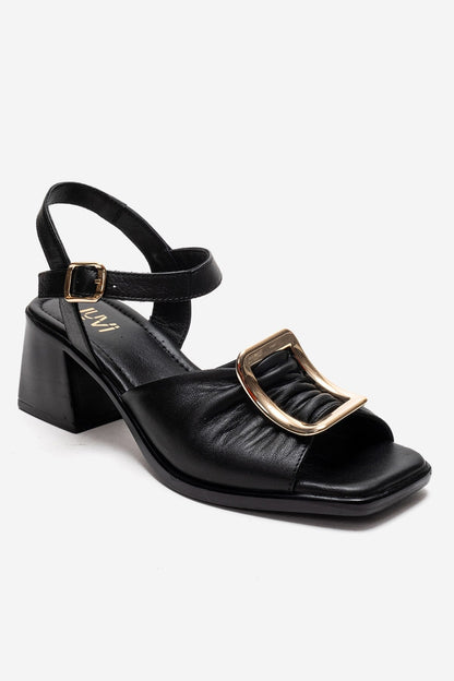 ASHA - Sandalia de tacón de bloque de cuero genuino negro (Mujer)