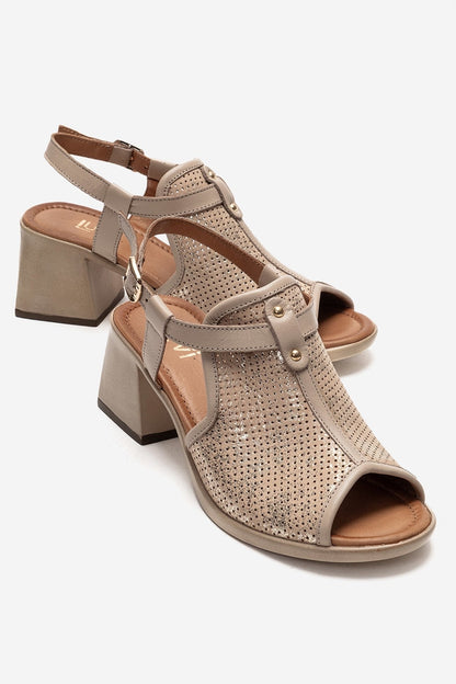 Janelle - Sandalia de Tacón Grueso de Cuero Genuino Beige (Mujer)
