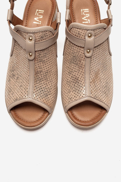 Janelle - Sandalia de Tacón Grueso de Cuero Genuino Beige (Mujer)