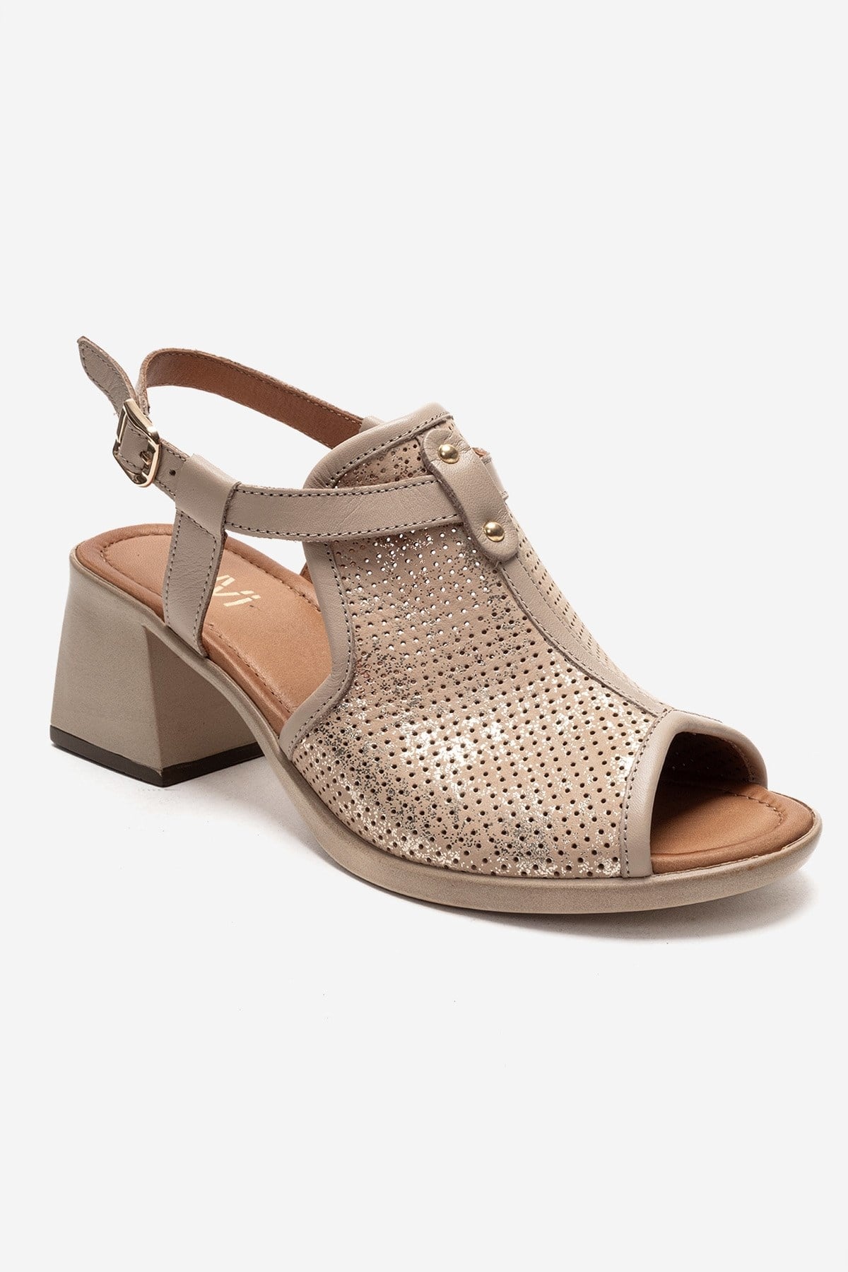 Janelle - Sandalia de Tacón Grueso de Cuero Genuino Beige (Mujer)