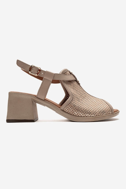 Janelle - Sandalia de Tacón Grueso de Cuero Genuino Beige (Mujer)