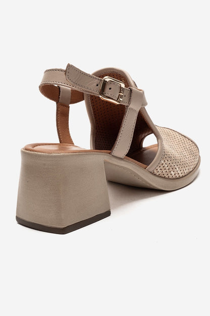 Janelle - Sandalia de Tacón Grueso de Cuero Genuino Beige (Mujer)