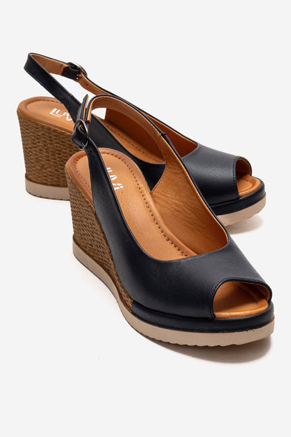 HELINA - Black Genuine Leather Wedge Sandal (Women)