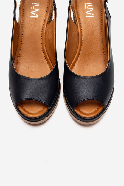 HELINA - Black Genuine Leather Wedge Sandal (Women)