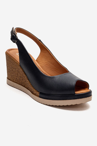 HELINA - Black Genuine Leather Wedge Sandal (Women)