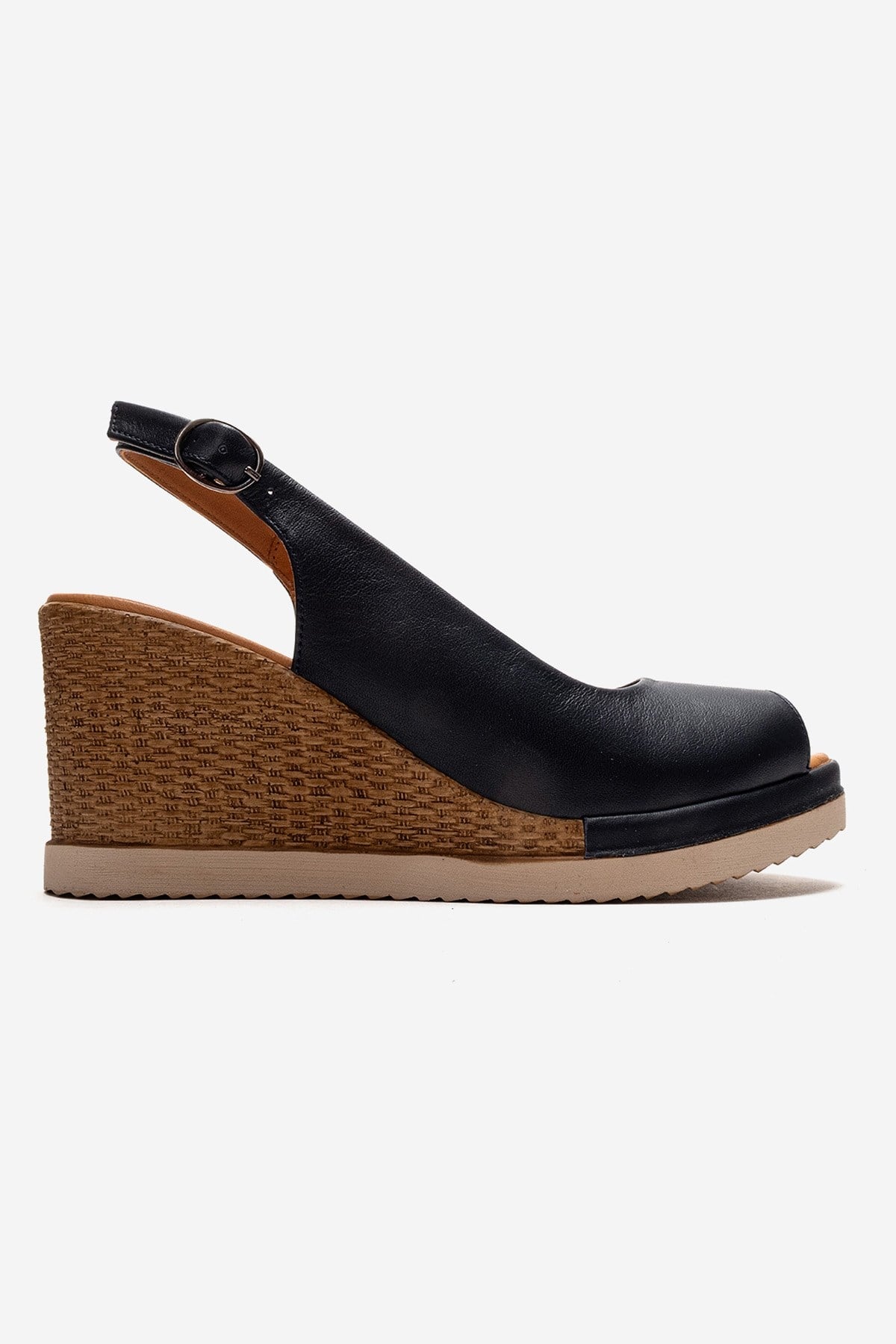 HELINA - Black Genuine Leather Wedge Sandal (Women)