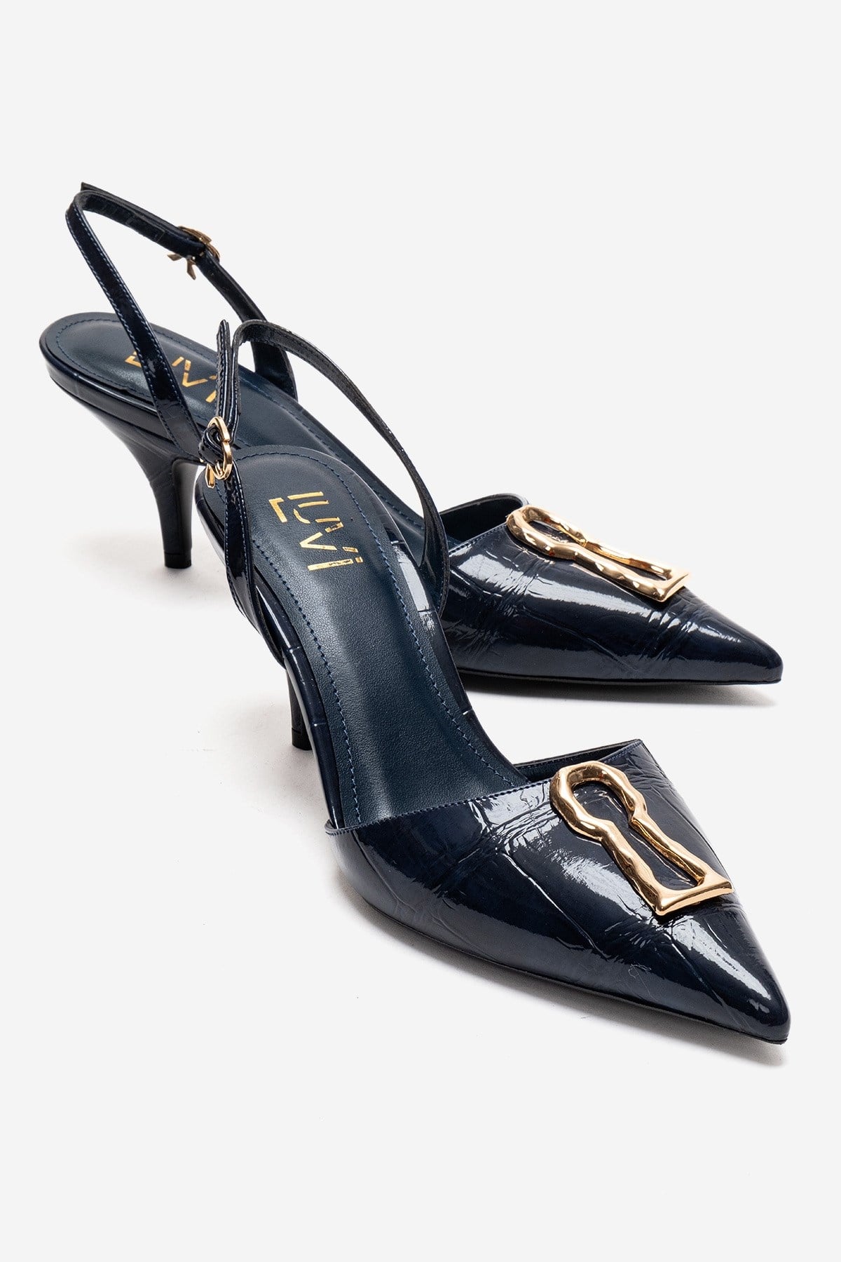 Yvella - Zapatos de tacón de aguja con hebilla de charol azul marino y punta afilada (Mujer)