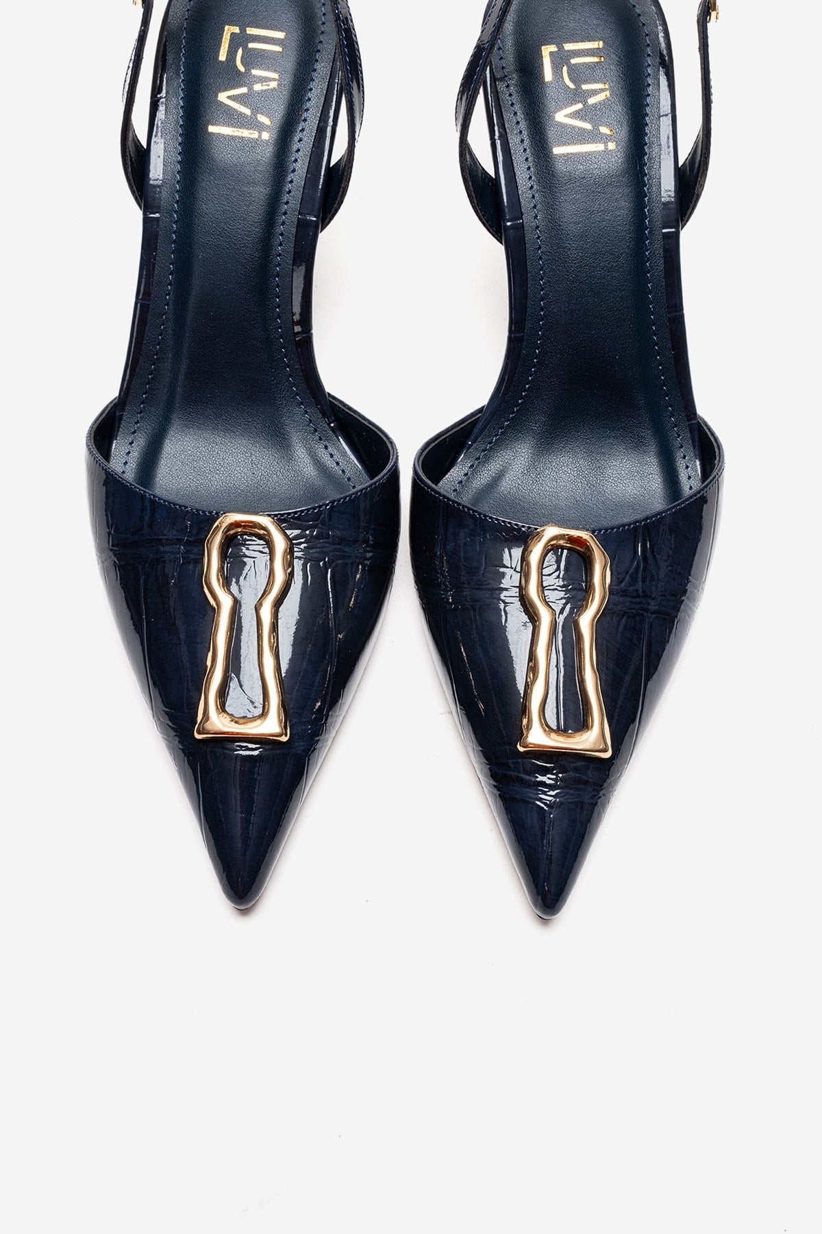 Yvella - Zapatos de tacón de aguja con hebilla de charol azul marino y punta afilada (Mujer)