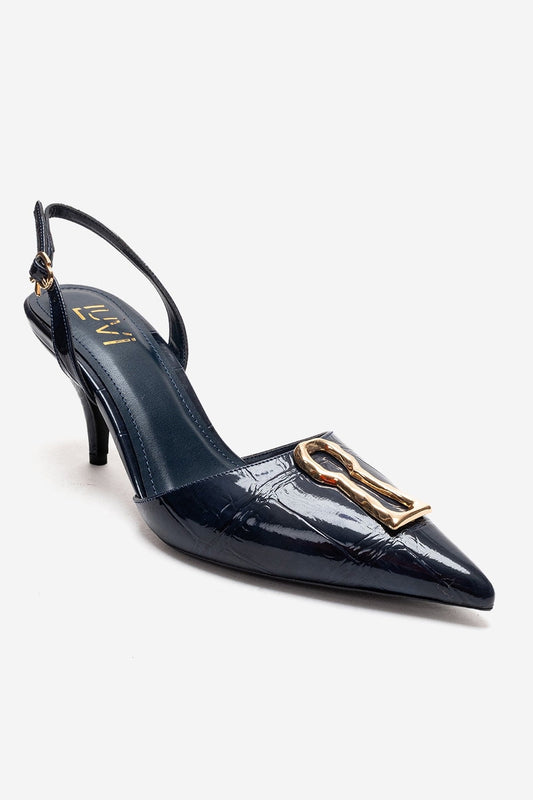 Yvella - Zapatos de tacón de aguja con hebilla de charol azul marino y punta afilada (Mujer)