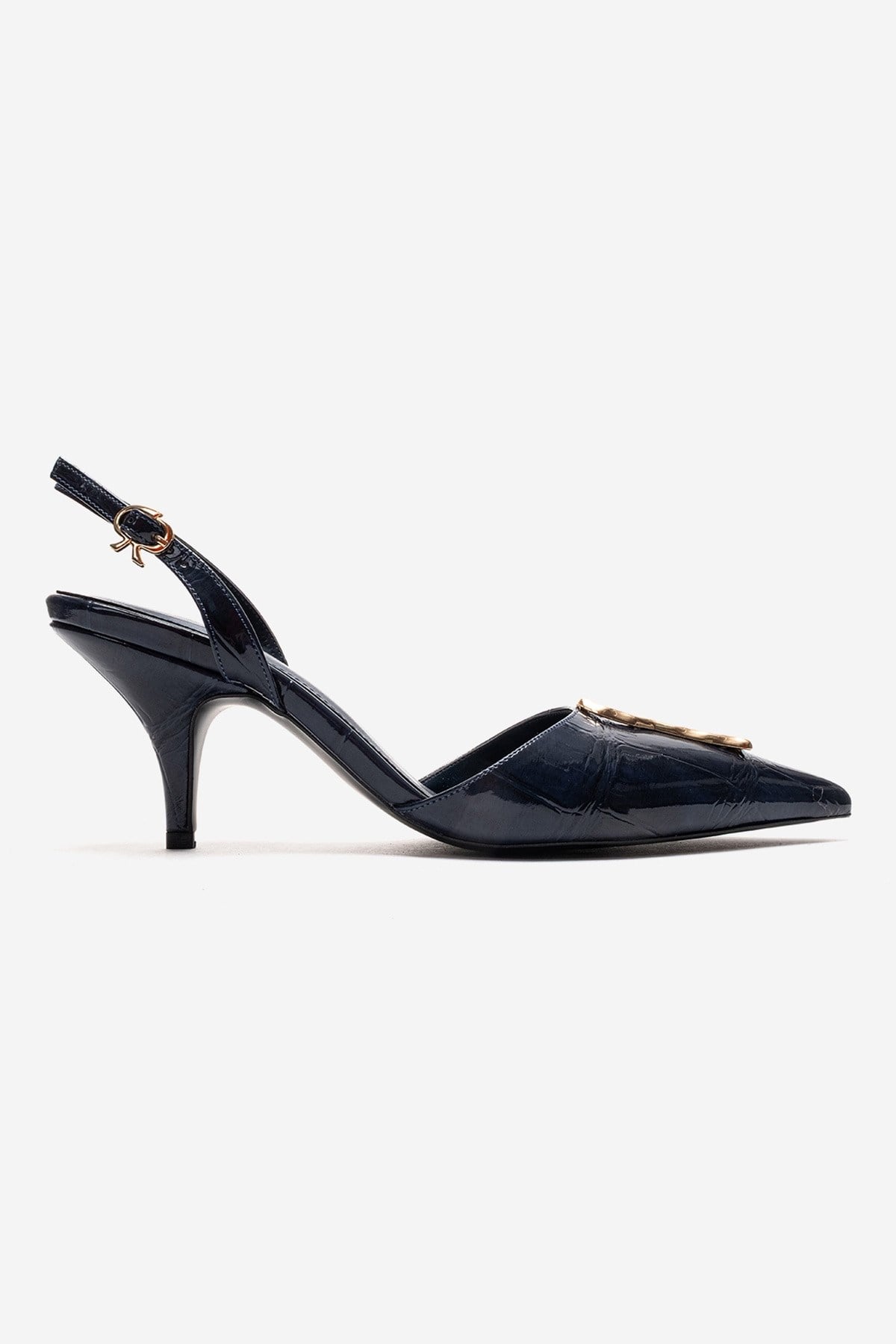 Yvella - Zapatos de tacón de aguja con hebilla de charol azul marino y punta afilada (Mujer)