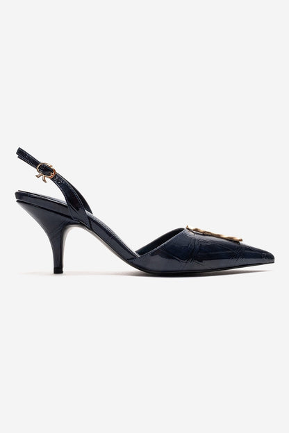Yvella - Zapatos de tacón de aguja con hebilla de charol azul marino y punta afilada (Mujer)