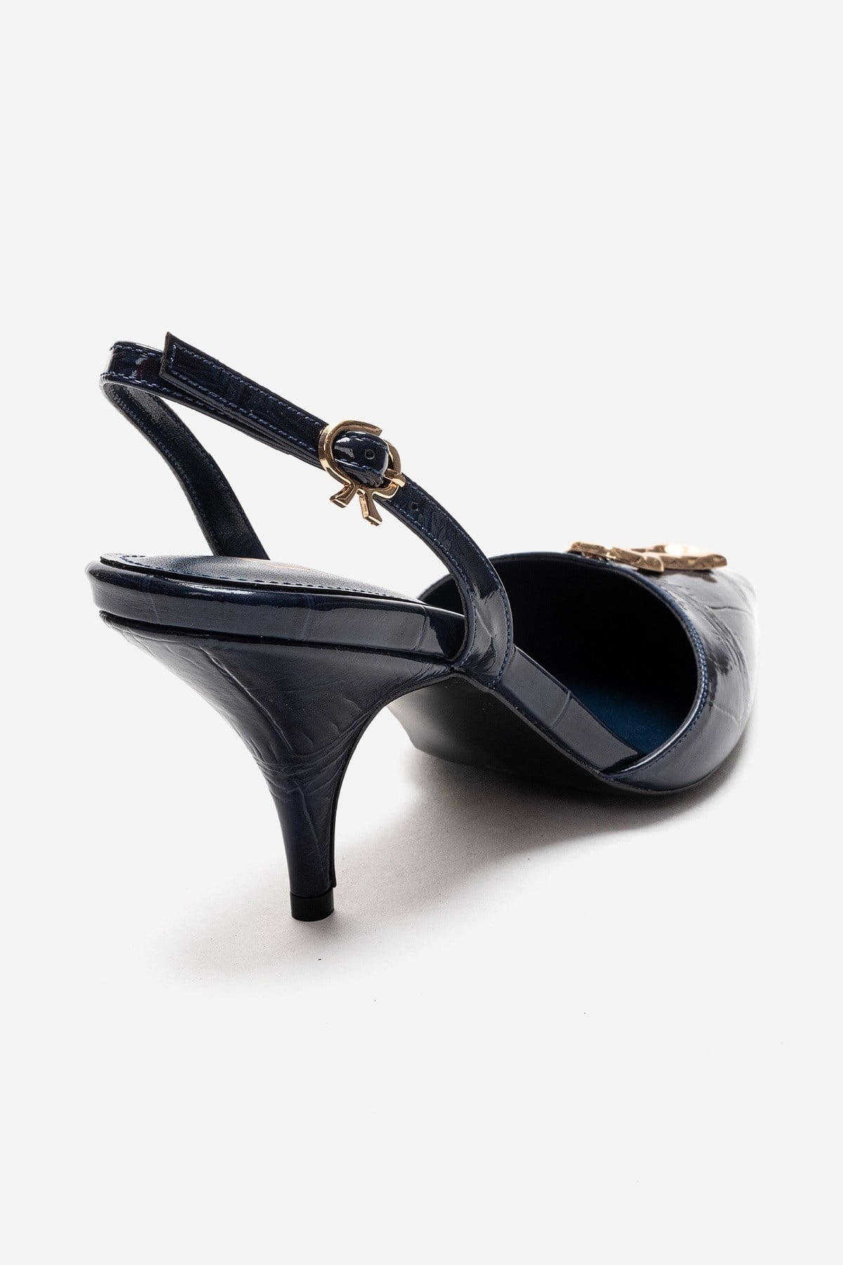Yvella - Zapatos de tacón de aguja con hebilla de charol azul marino y punta afilada (Mujer)