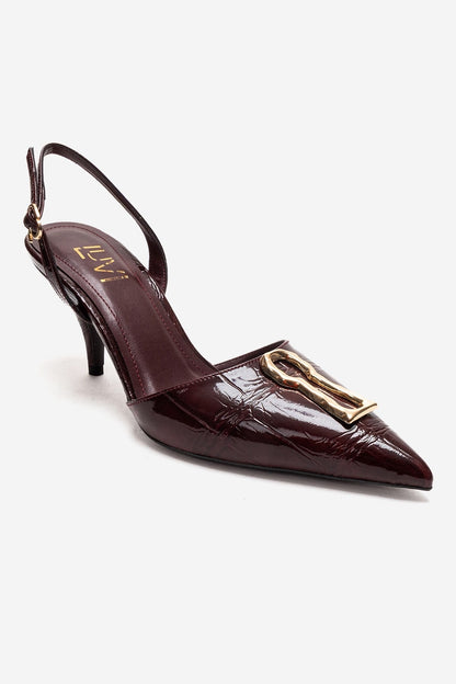Yvella - Zapatilla de tacón de aguja con puntera en punta y hebilla de charol color burdeos (Mujer)