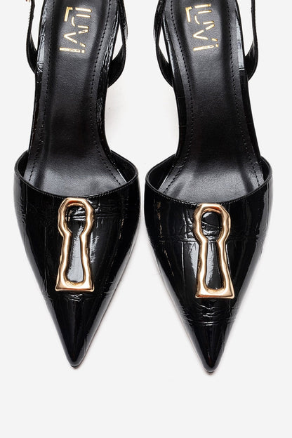 Yvella - Black Patent Buckle Pointed Toe Stiletto Pump (Women)
