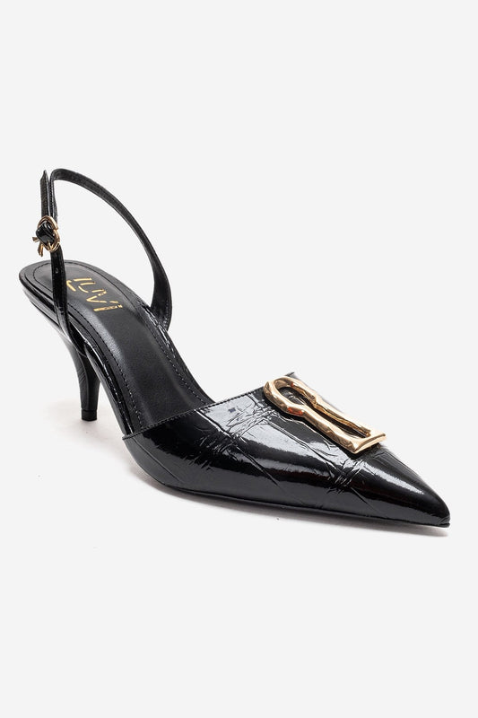 Yvella - Zapatos de tacón de aguja puntiagudos con hebilla de charol negro (Mujer)