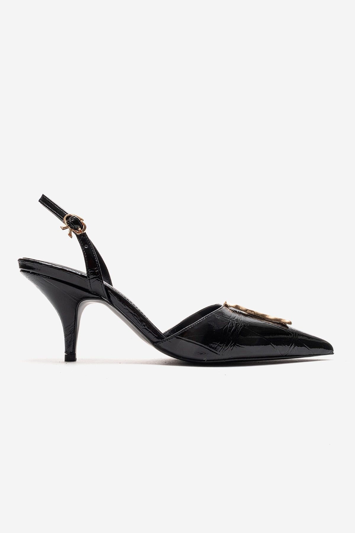 Yvella - Black Patent Buckle Pointed Toe Stiletto Pump (Women)