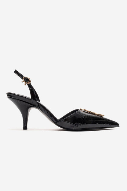 Yvella - Black Patent Buckle Pointed Toe Stiletto Pump (Women)