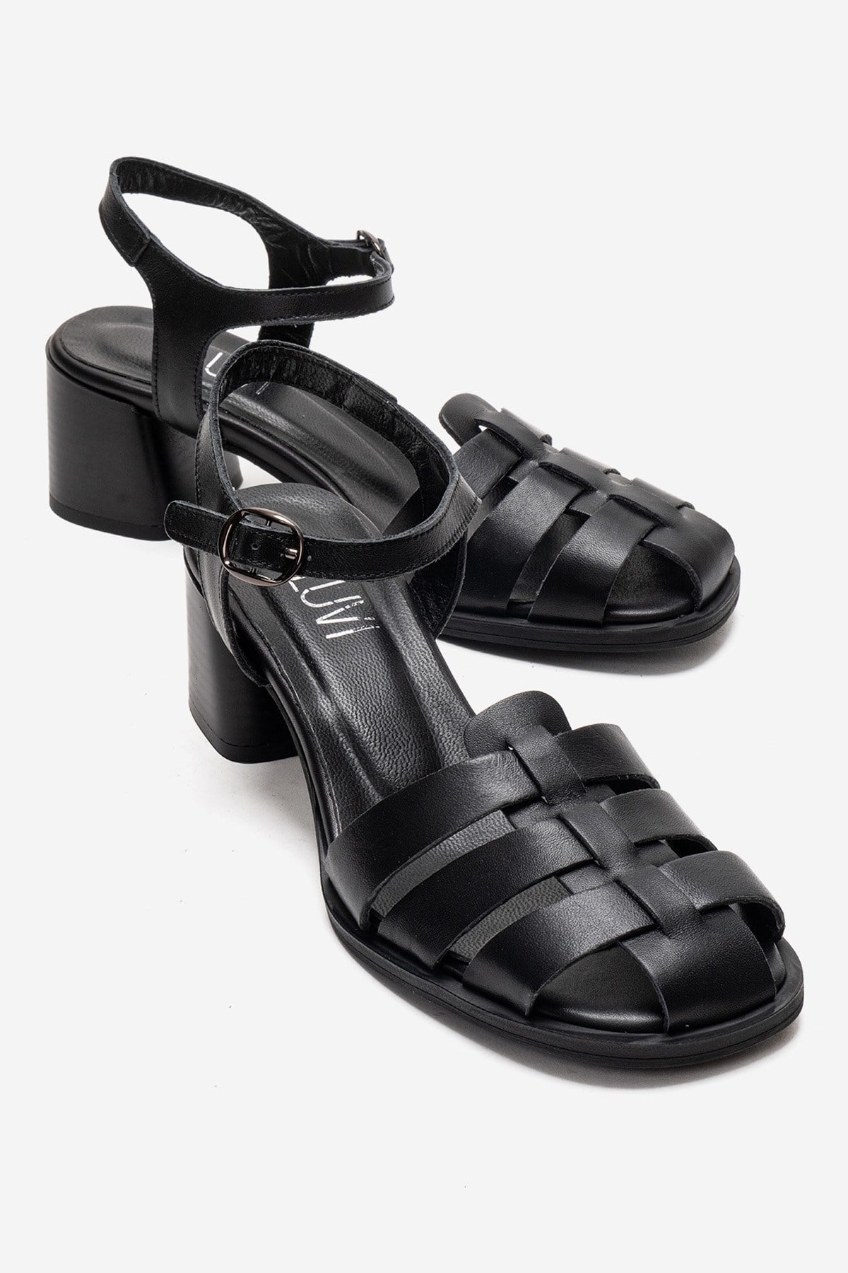 EVORA - Black Genuine Leather Block Heel Sandal (Women)