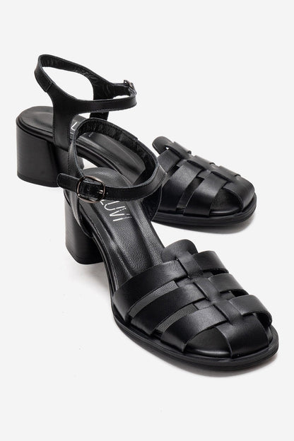 EVORA - Black Genuine Leather Block Heel Sandal (Women)