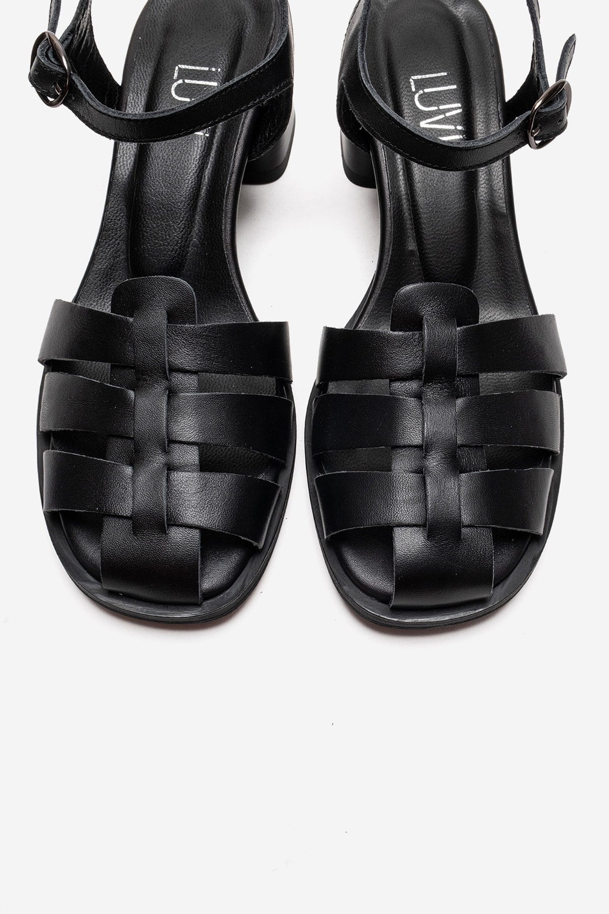 EVORA - Black Genuine Leather Block Heel Sandal (Women)