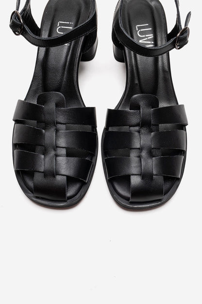 EVORA - Black Genuine Leather Block Heel Sandal (Women)