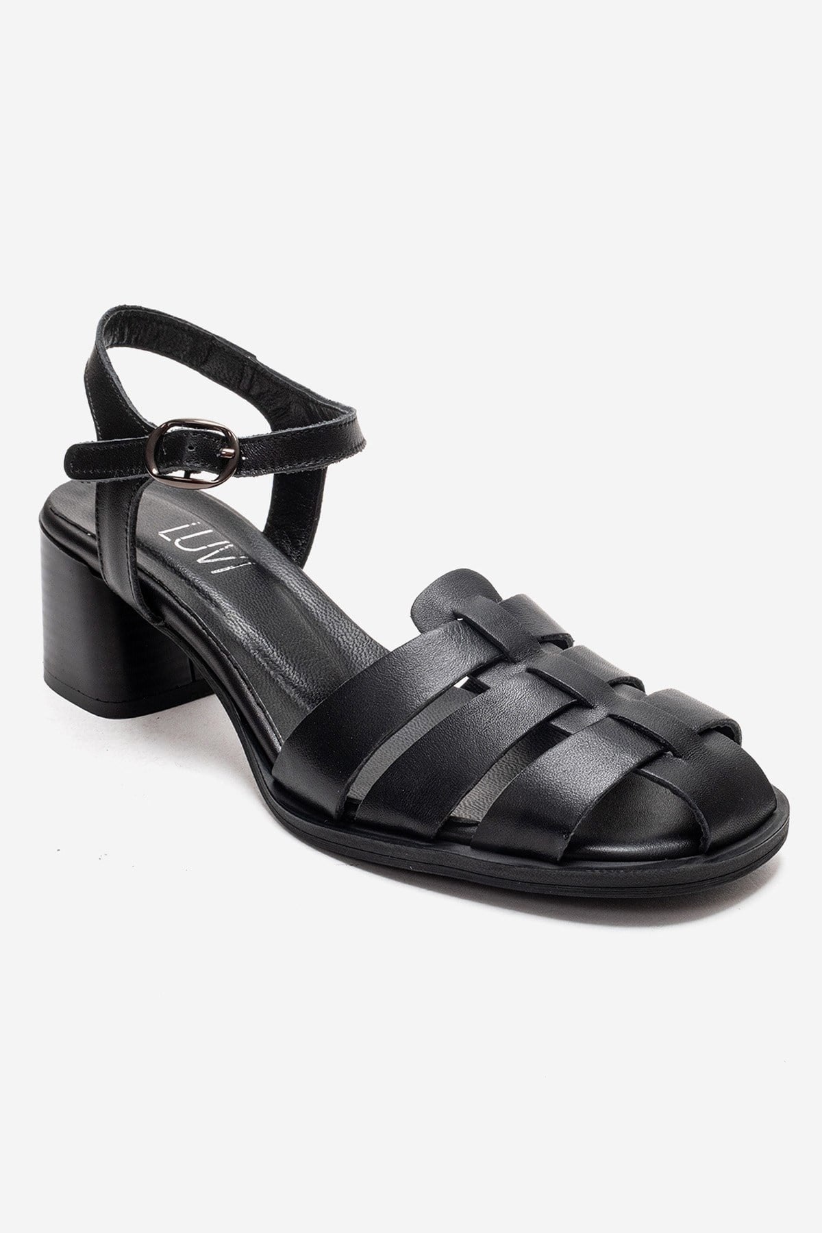 EVORA - Black Genuine Leather Block Heel Sandal (Women)